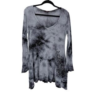 T-Party Womens Grey Black Tie Dye Rose Embroidered Ribbed Tunic Top Large